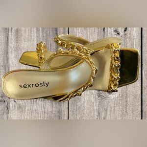 NWOT. Women's Square Heels Mules Chain Block Chunky Heeled Sandals.(KY529)